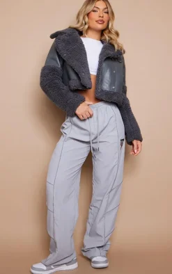 Grey Statement Borg Trim Faux Leather Aviator Jacket