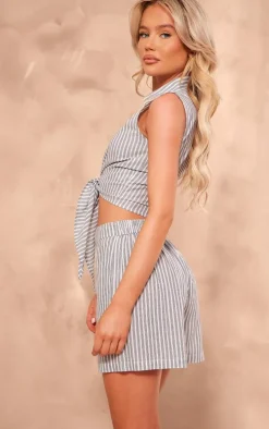 Grey Stripe Linen Look Tie Front Sleeveless Cropped Shirt