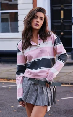 Grey Stripe Pleated Belt Detail Mini Skirt