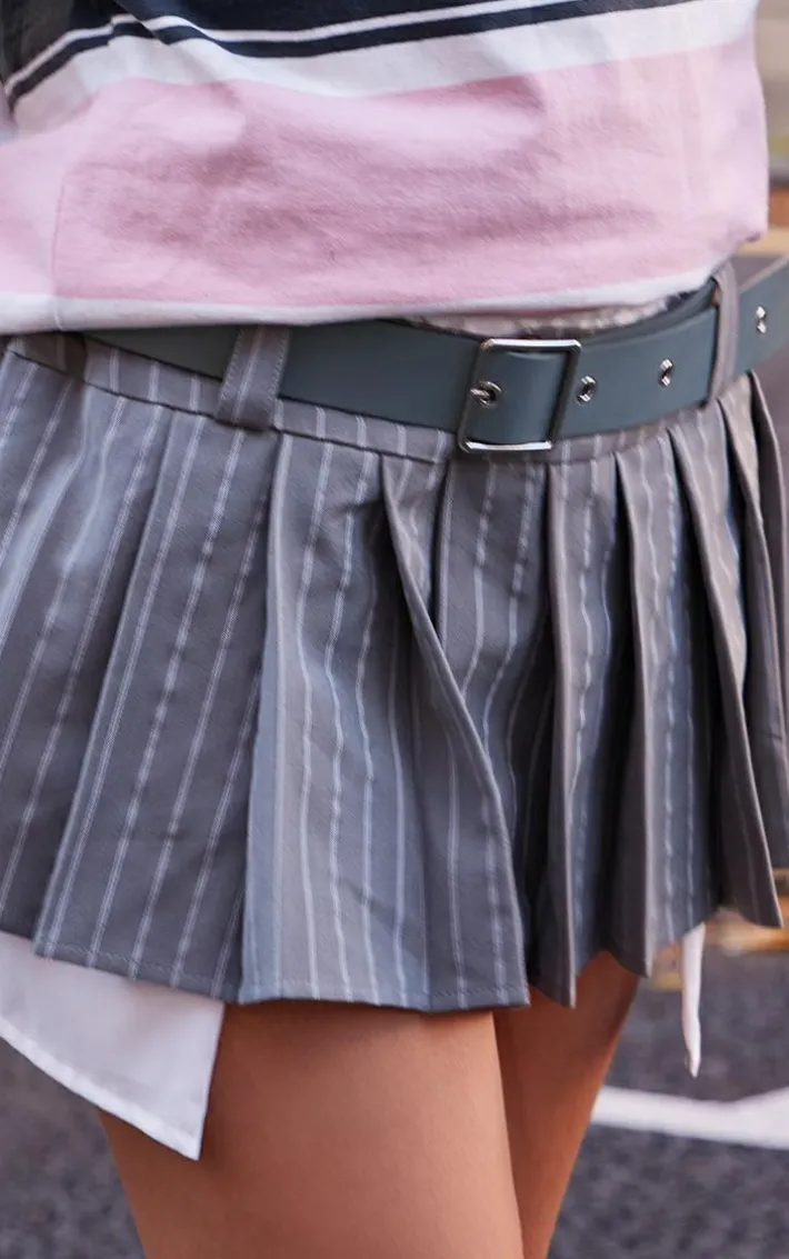 Grey Stripe Pleated Belt Detail Mini Skirt