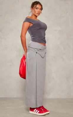 Grey Tailored Twill Asymmetric Fold Over Maxi Skirt
