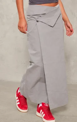 Grey Tailored Twill Asymmetric Fold Over Maxi Skirt