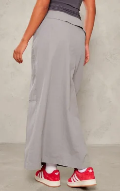 Grey Tailored Twill Asymmetric Fold Over Maxi Skirt