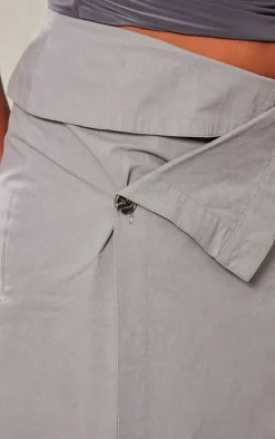 Grey Tailored Twill Asymmetric Fold Over Maxi Skirt