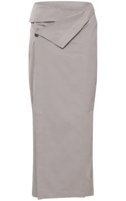 Grey Tailored Twill Asymmetric Fold Over Maxi Skirt