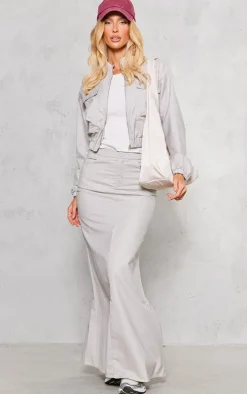 Grey Tailored Woven Fitted Split Hem Maxi Skirt