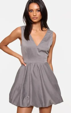 Grey Tailored Woven V Neck Puffball Mini Dress