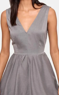 Grey Tailored Woven V Neck Puffball Mini Dress