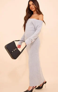 Grey Teddy Knit Off Shoulder Maxi Dress