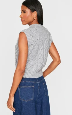 Grey Textured Cable Knit Sweater Vest
