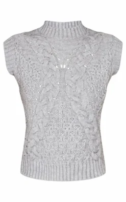 Grey Textured Cable Knit Sweater Vest