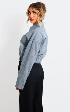 Grey Textured Collar Detail Cropped Bomber Jacket