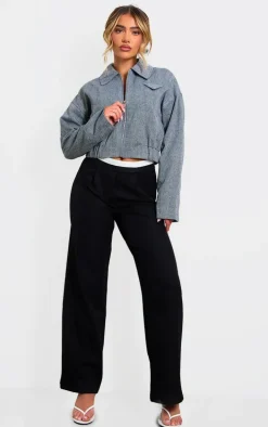 Grey Textured Collar Detail Cropped Bomber Jacket