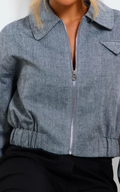 Grey Textured Collar Detail Cropped Bomber Jacket