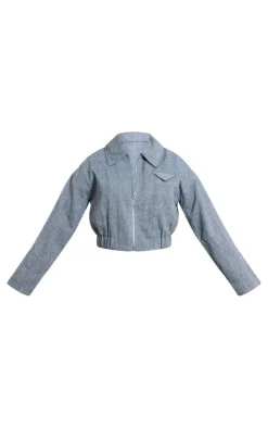 Grey Textured Collar Detail Cropped Bomber Jacket