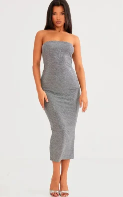Grey Textured Glitter Bandeau Midaxi Dress