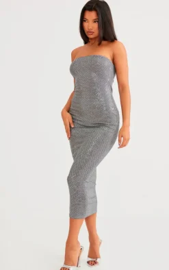 Grey Textured Glitter Bandeau Midaxi Dress