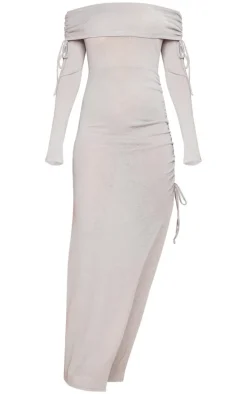 Grey Textured Jersey Bardot Ruched Midaxi Dress