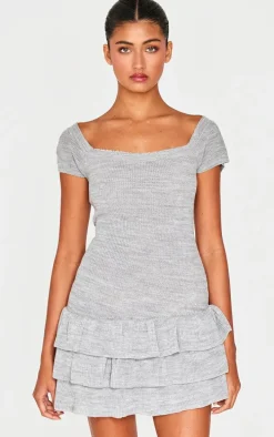 Grey Textured Knitted Rara Mini Dress