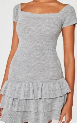 Grey Textured Knitted Rara Mini Dress