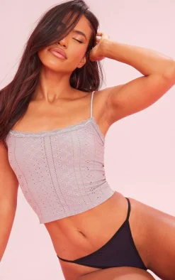 Grey Textured Stretch Lace Trim Bow Strap Cami