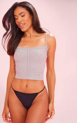 Grey Textured Stretch Lace Trim Bow Strap Cami