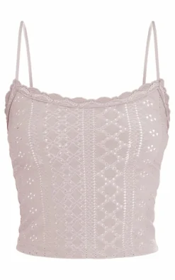Grey Textured Stretch Lace Trim Bow Strap Cami