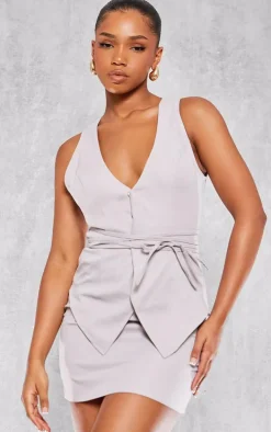 Grey Tie Wrap Waist Vest Mini Dress
