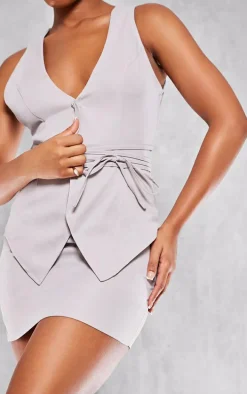 Grey Tie Wrap Waist Vest Mini Dress