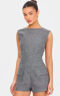 Grey Tweed Sleeveless Pocket Detail Romper