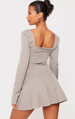 Grey Twill Buckle Contrast Stitch Pleated Shift Dress