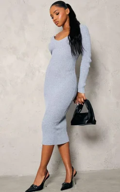 Grey V Neck Knit Midi Dress