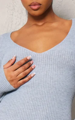 Grey V Neck Knit Midi Dress