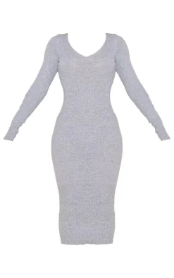 Grey V Neck Knit Midi Dress