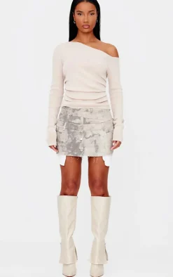 Grey Washed Twill Double Waistband Mini Skirt