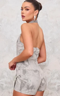 Grey Washed Twill High Neck Wrap Detail Skort Romper