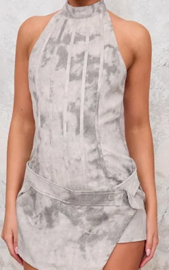 Grey Washed Twill High Neck Wrap Detail Skort Romper