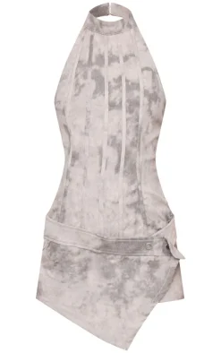 Grey Washed Twill High Neck Wrap Detail Skort Romper