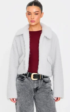 Grey Wool Look Pocket Detail Zip Up Jacket