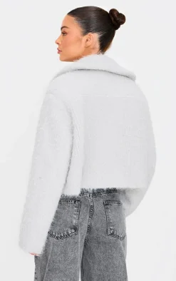 Grey Wool Look Pocket Detail Zip Up Jacket