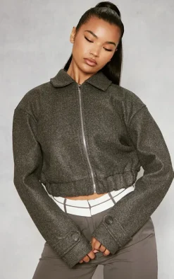 Grey Wool Look Zip Front Bomber Jacket