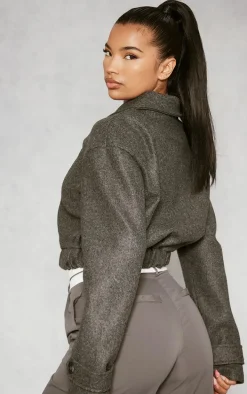 Grey Wool Look Zip Front Bomber Jacket