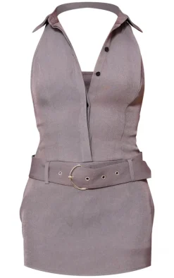 Grey Woven High Neck Belted Skort Romper