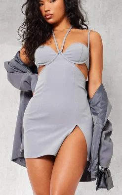 Grey Woven Tailored Cut Out Split Detail Strappy Shift Dress