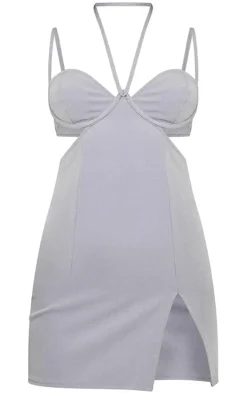 Grey Woven Tailored Cut Out Split Detail Strappy Shift Dress