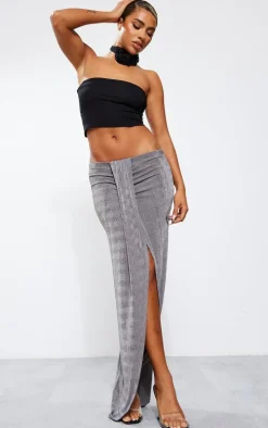 Gunmetal Acetate Slinky Drape Front Maxi Skirt