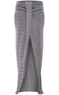 Gunmetal Acetate Slinky Drape Front Maxi Skirt