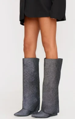 Gunmetal Diamante Point Toe Fold Over Wedged Knee High Boots