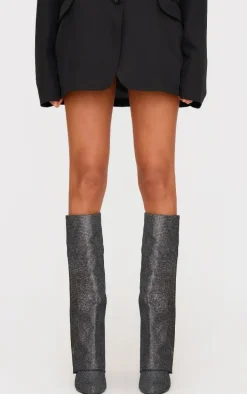 Gunmetal Diamante Point Toe Fold Over Wedged Knee High Boots