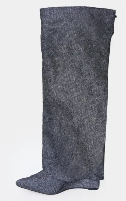 Gunmetal Diamante Point Toe Fold Over Wedged Knee High Boots